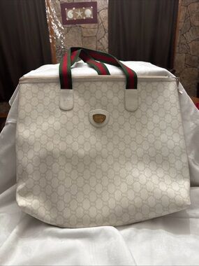 Vintage 1970’s GUCCI Plus GG Monogram Large Shopper Tote Shoulder Bag Web Strap